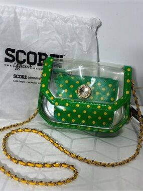 Stadium Approved CLEAR BABY clutch  NWT yellow green polkadot charm Dustbag NOS